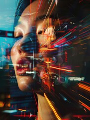 Cityscape reflection portrait with vibrant light trails and surreal fusion