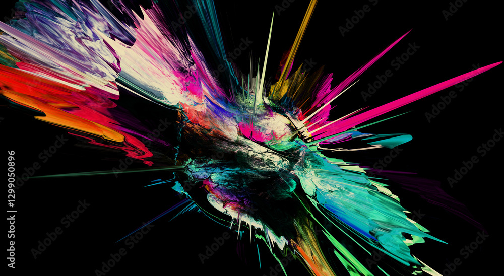 Poster dynamic abstract artwork with vibrant splashes of color on a dark background. explosive energy and m