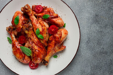 fried chicken legs, in soy sauce, spices, herbs, top view, homemade,