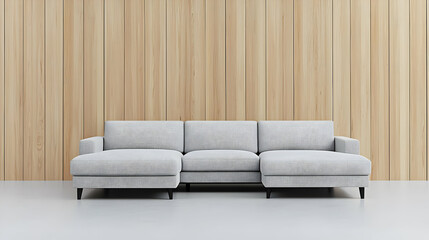Modern Sectional Sofa With Abstract Pattern Against Wooden Wall and White Floor in Studio Setting
