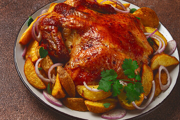 fried, baked chicken, in the oven, with spices, and rustic potatoes, top view, homemade,