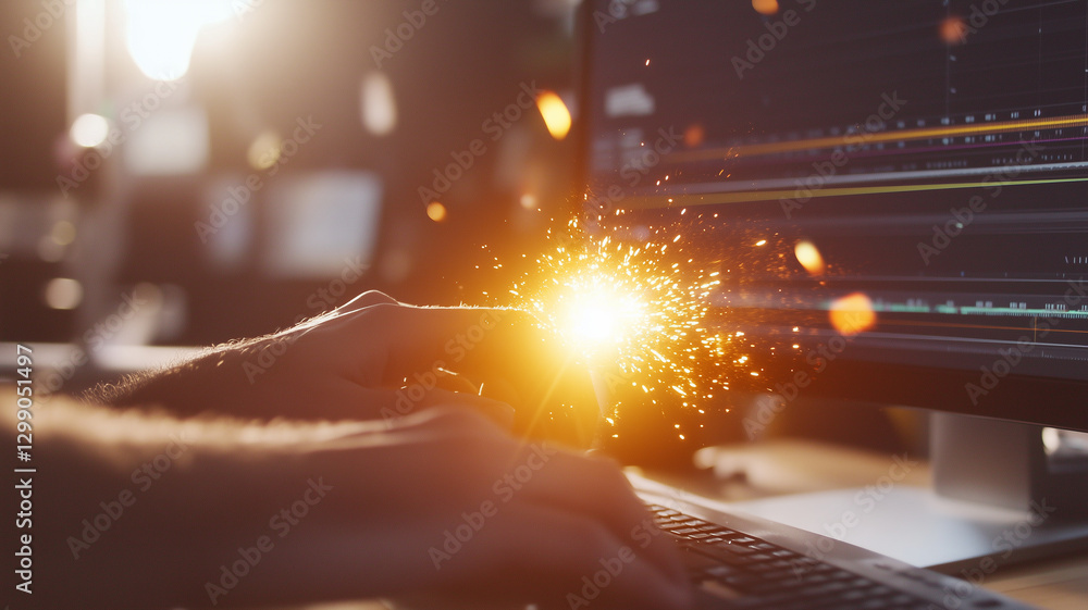 Aufkleber close up of hands typing on keyboard with sparks flying, symbolizing creativity and innovation in te