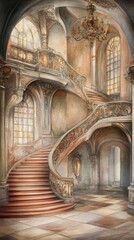 Fototapeta premium Grand Ornate Double Staircase In A Luxurious Palace Interior Design Showcase of Architectural Elegance And Opulence In A Historic Interior Setting, Ornate Architectural Detailing And Light Play In A
