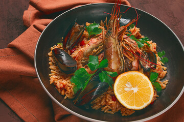 Seafood paella, shrimp and mussels risotto, rice, homemade, top view, no people,