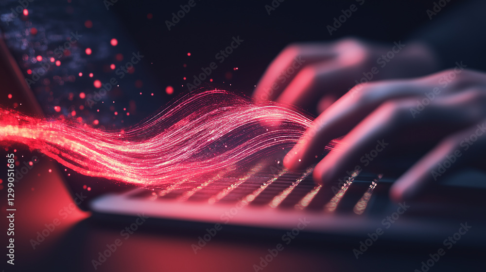 Poster person typing on laptop with glowing red digital waves emanating from keyboard, symbolizing technolo
