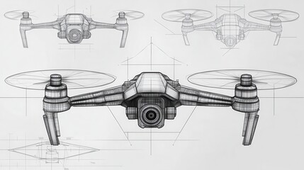 Vector Quadcopter or drone line blueprint wireframe