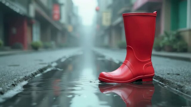 Bright red rubber boot standing in a puddle in rainy day