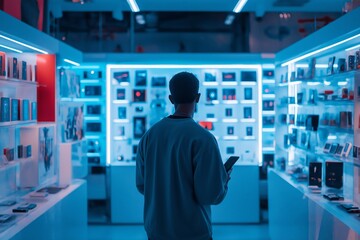 man wearing casual clothing, browsing through a selection of electronic gadgets