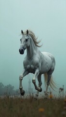 Fototapeta premium Silver horse galloping through misty field at dawn