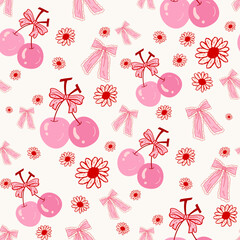 cherry with bow pattern seamless, vintage flowers, Vintage Retro Pink Seamless Pattern, Pink Vintage Coquette valentine seamless file, Retro Pink seamless file, Spring Retro coquette Digital wallpaper