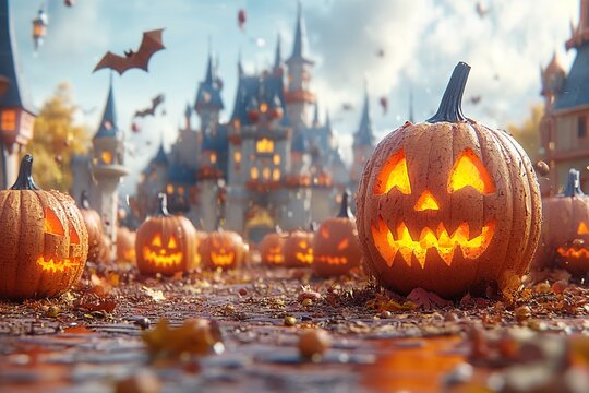 A Halloween theme banner in three dimensions, with a collection of Jack O' Lantern pumpkins and a castle paper image in the background. Generative Ai