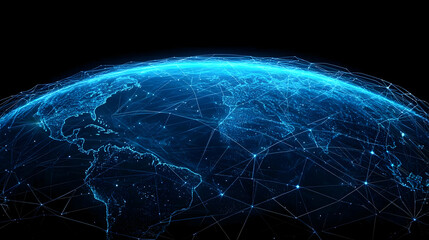 Digital Blue Illuminated Globe Depicting Global Network Connections on Dark Background