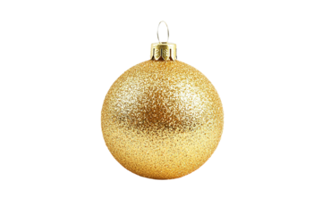 A collection of gold colored Christmas ornaments. ,on transparent background.