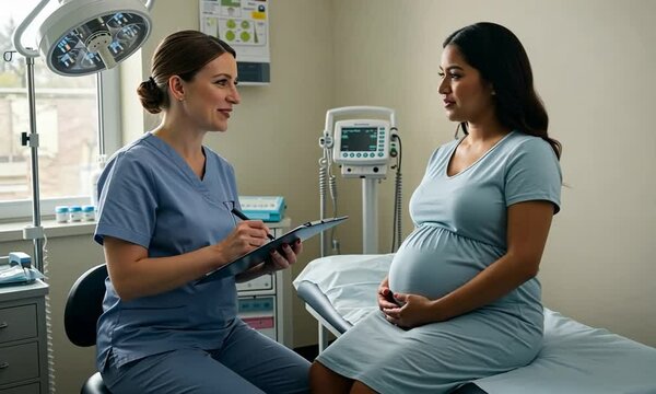 Pregnant woman consulting doctor on examination bed in hospital room, medical instruments background