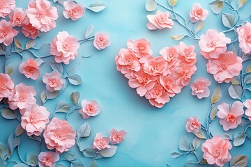 This creative layout has a paper heart and pink flowers on a vibrant pastel backdrop. View from above, flat lay. A garden, spring, or summer idea. Observing Women's Day. Generative Ai