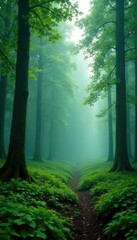 Obraz premium Lush green forest with towering trees and mist, forests, peaceful