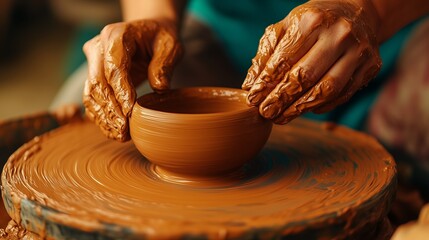 Hands-on Pottery Creation:  A potter molds clay on a spinning wheel, showcasing the raw beauty of artisanal craftsmanship as they bring a new vessel to life.