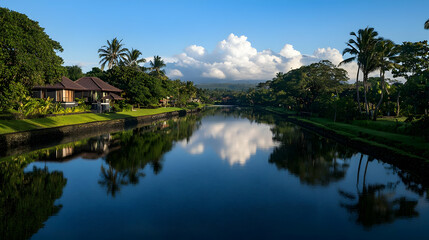 Fototapeta premium Tranquil Lake Reflection Of Trees And Clouds Under Blue Sky