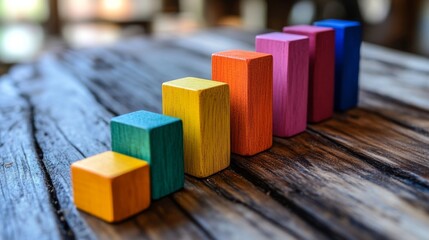 Colorful wooden blocks arranged in ascending order on a rustic wooden table creating a vibrant display of height variations