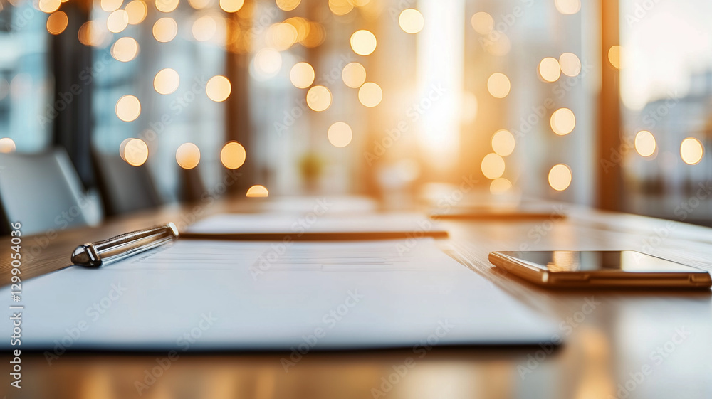 Poster modern workspace with documents, pen, and smartphone, illuminated by warm bokeh lights, creating pro