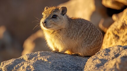 Naklejka premium Small Rock Hyrax perched on a rocky ledge basking in the golden sunlight its round body covered in thick fur eyes half closed in relaxation