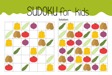 Vegetables sudoku educational game or leisure activity worksheet hand drawn illustration, printable grid to fill in missing images, food topical vocabulary, puzzle with solution, teacher resources