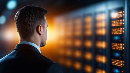 Hacker data center power threat. Businessman observing data display in a digital environment.