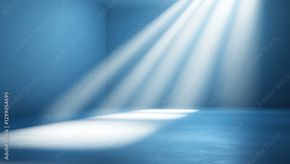 Poster soft blue light rays illuminating empty room with subtle shadows creating a serene atmosphere for re