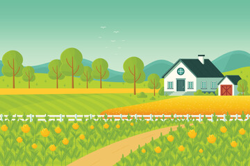 Naklejka premium Flat vector illustration of a farm landscape