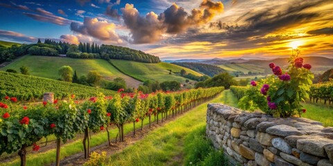 Naklejka premium Serene Vineyard Landscape at Sunset with Rolling Hills and Blooming Flowers