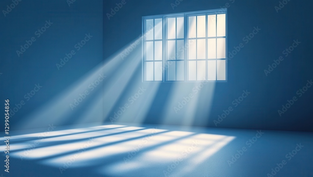 Poster soft blue light streaming through a window illuminating a minimalist room with gentle shadows and ca