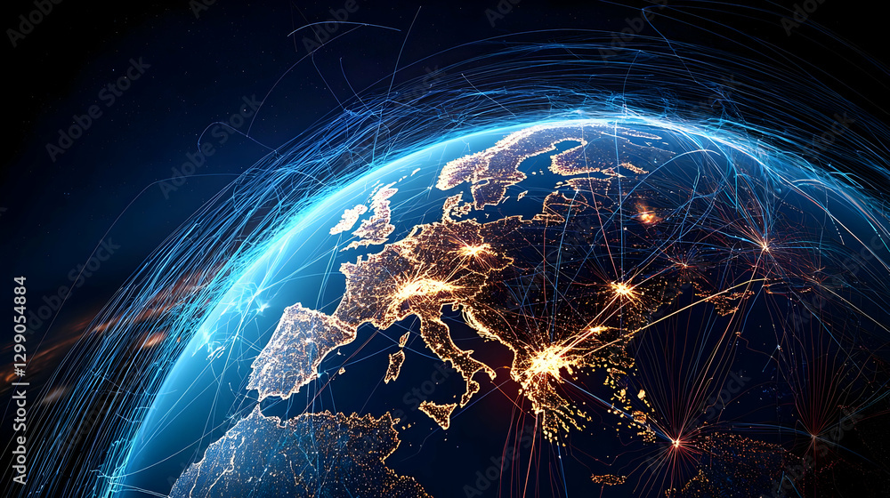 Poster abstract digital earth globe surrounded by illuminated particles and light lines