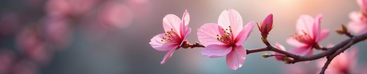 Obraz premium Pastel pink petals unfurl on a delicate branch, bloom, peaceful