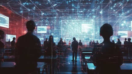 Digital illustration of students in a networked classroom setting, represented by wireframe connections