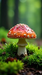 Lush spruce needles surround a large mushroom, earthy, forest floor