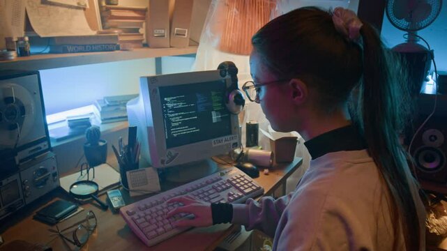 Brunette girl with glasses drinking tea and coding on vintage computer with mechanical keyboard when sitting at wooden table in cluttered room
