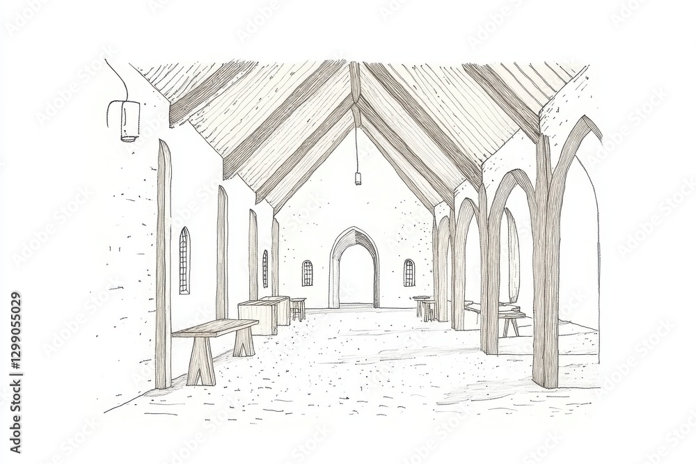 Poster grayscale sketch of a hallway with columns and arches