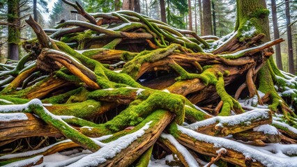 Fototapeta premium Winter Wonderland of Mossy Tree Roots and Fresh Snowfall in a Forest