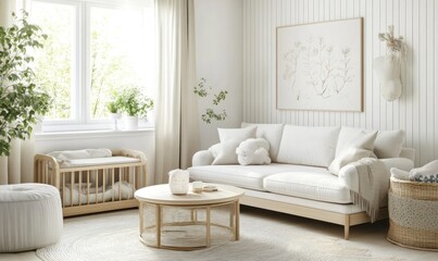 Bright nursery, crib, and couch; cozy, inviting; great for parenting magazines