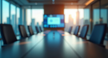 Blurred defocused modern conference or meeting room with large table surrounded by empty chairs and screen displaying information, large window with sunset view over cityscape. Business background