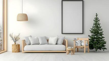 Bright Living Room Interior With Christmas Tree And Blank Canvas On Wall
