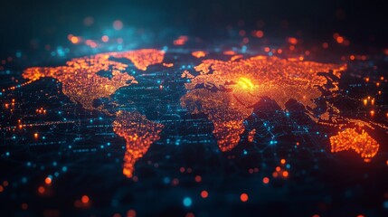 Abstract representation of a digital world map illuminated with bright nodes and interconnected lines during the night