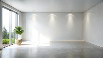 Fototapeta premium Empty Room with Potted Plant and Sunlight Streaming Through a Large Window
