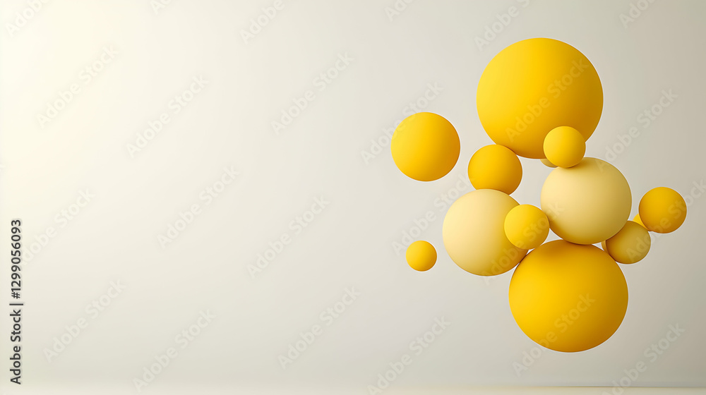 Poster abstract composition of floating yellow spheres on a white background with soft lighting
