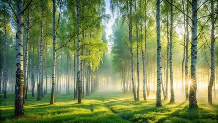 Naklejka premium Serene Birch Grove at Dawn Sunbeams Illuminate Misty Path Through Lush Green Meadow