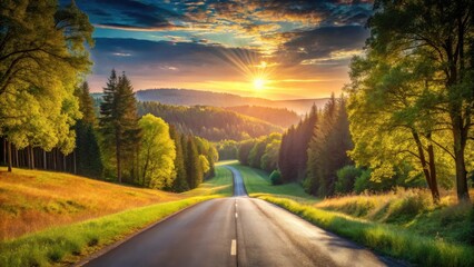 Fototapeta premium Scenic asphalt road winding through lush green hills and vibrant forests bathed in the golden rays of a breathtaking sunset