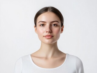 Portrait of a fair-skinned young woman with brown hair pulled back. She's wearing a white shirt