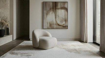 Modern beige armchair in minimalist apartment living room, near large window and abstract art.  Ideal for interior design blogs