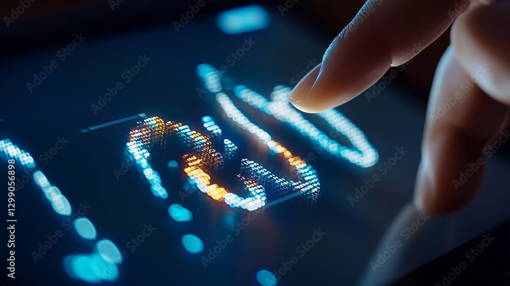 Aufkleber close up of finger interacting with digital screen displaying vibrant data visualizations, showcasin