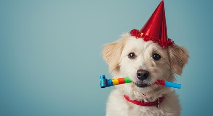 Cute dog celebrating with party hat and blower

